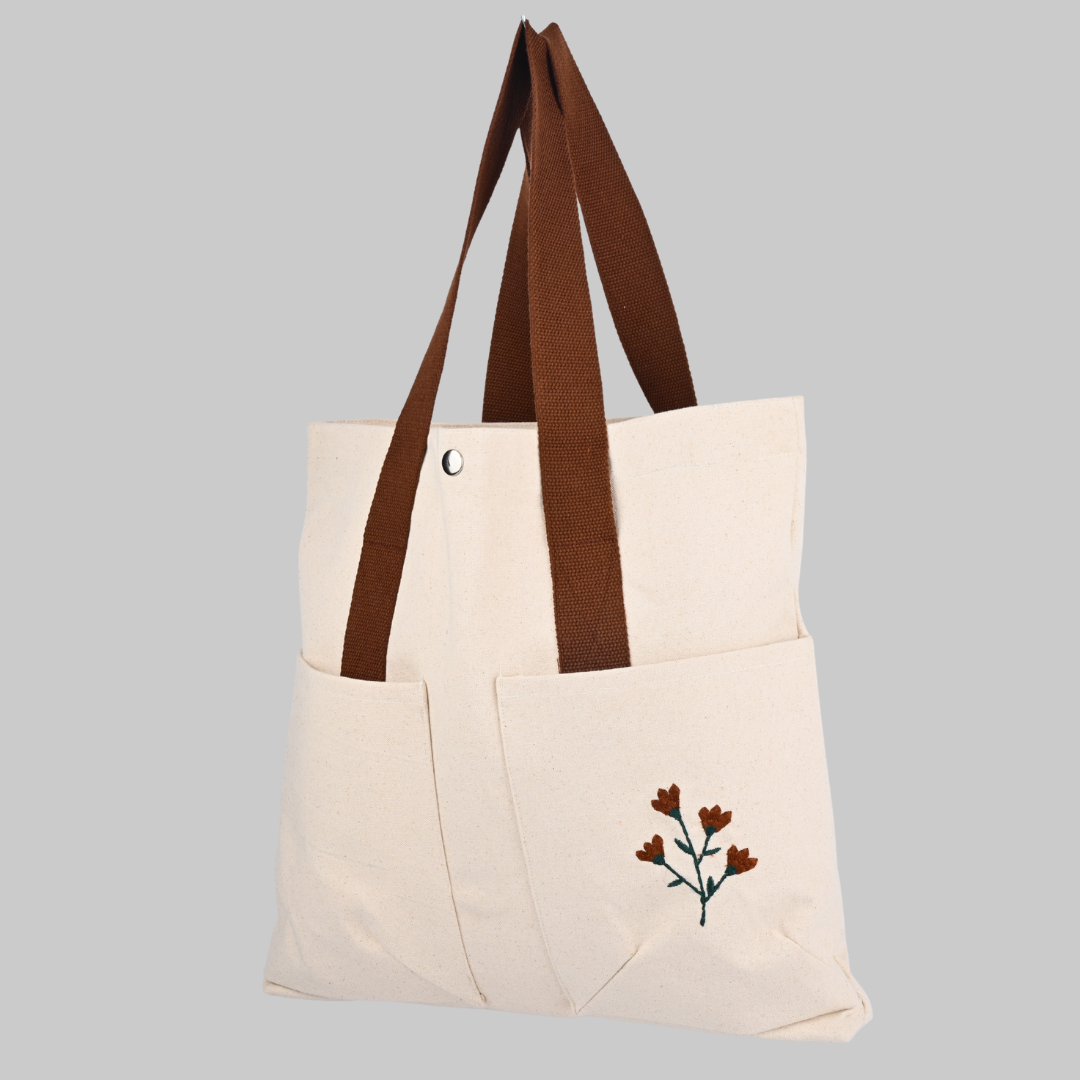 Beige cotton tote bag with brown straps and floral embroidery (PT-TRO-BRW)