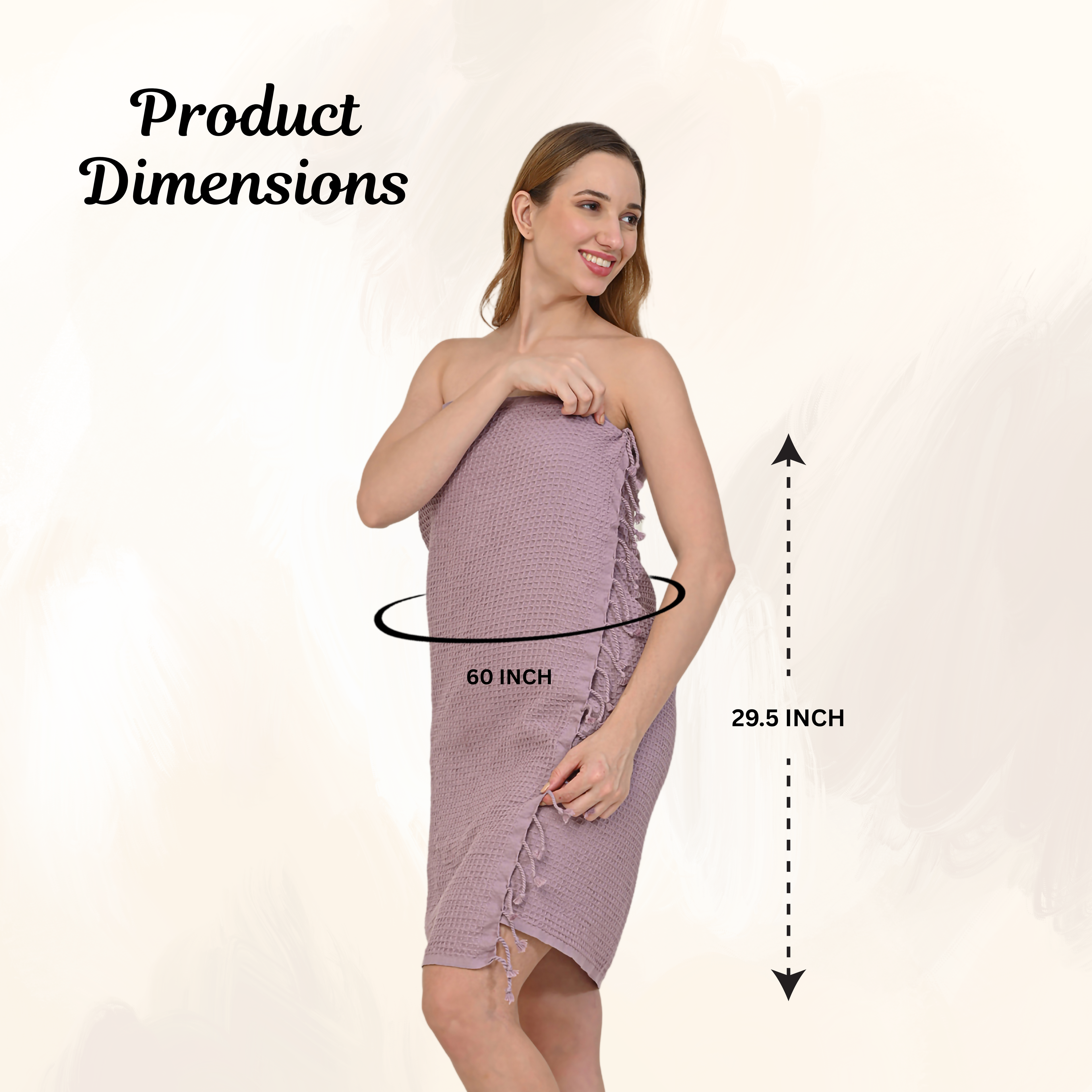 Woman wearing a Lilac towel with product dimensions (29.5x60 inch)(PT-WFL-LAC)