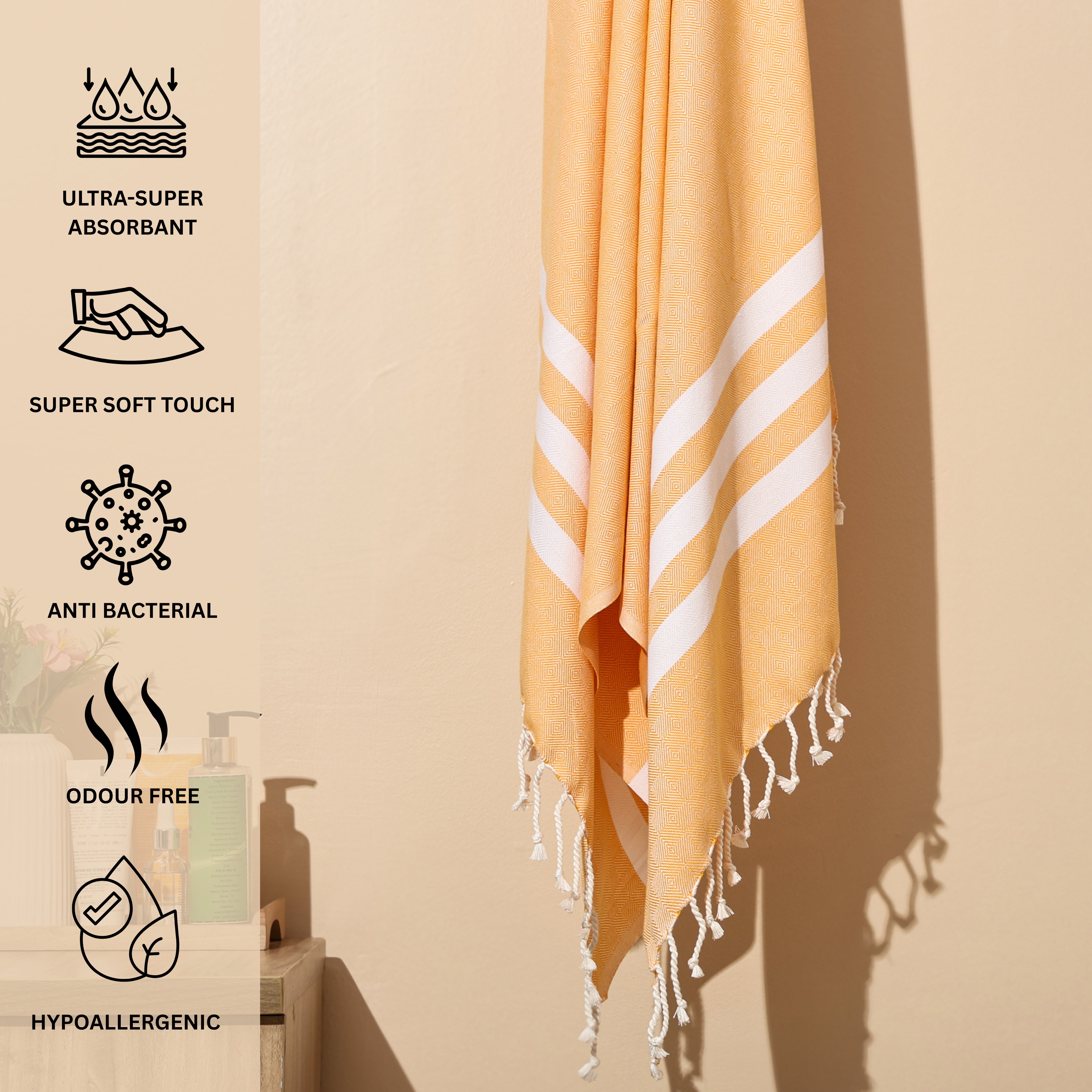Mustard bamboo towel with white stripes on a beige background, featuring product attributes.(PT-BMB-MST)