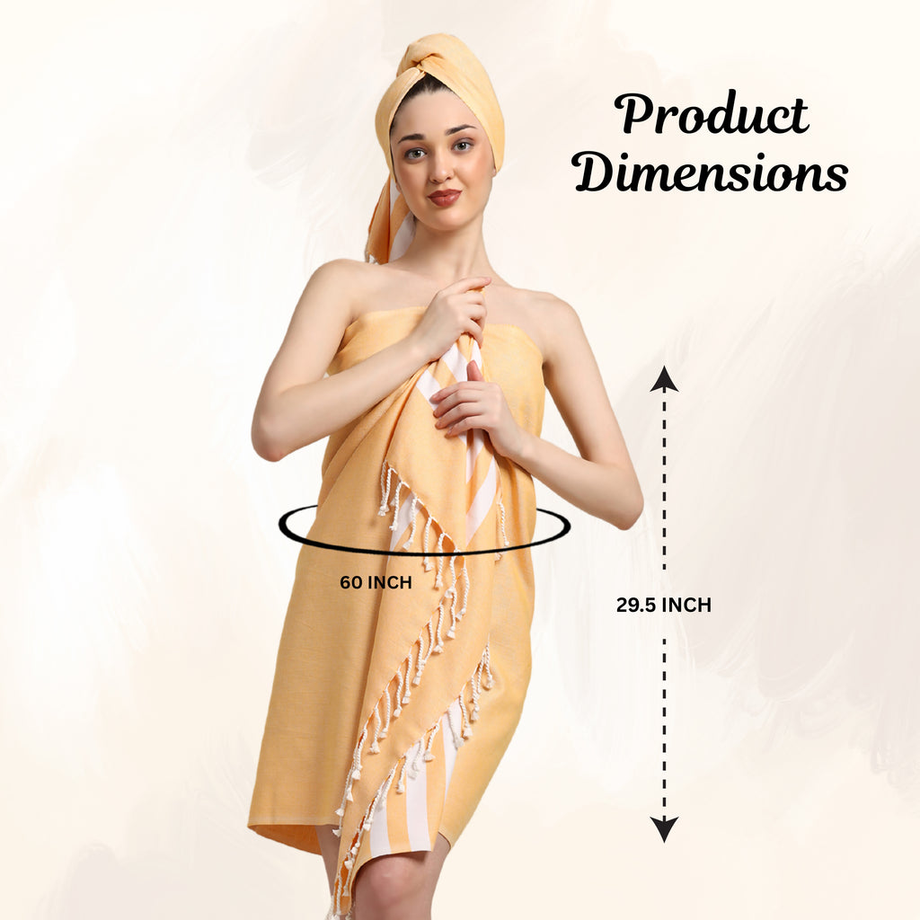 Woman wearing a Mustard bamboo towel with product dimensions (29.5x 60 inch)(PT-BMB-MST)