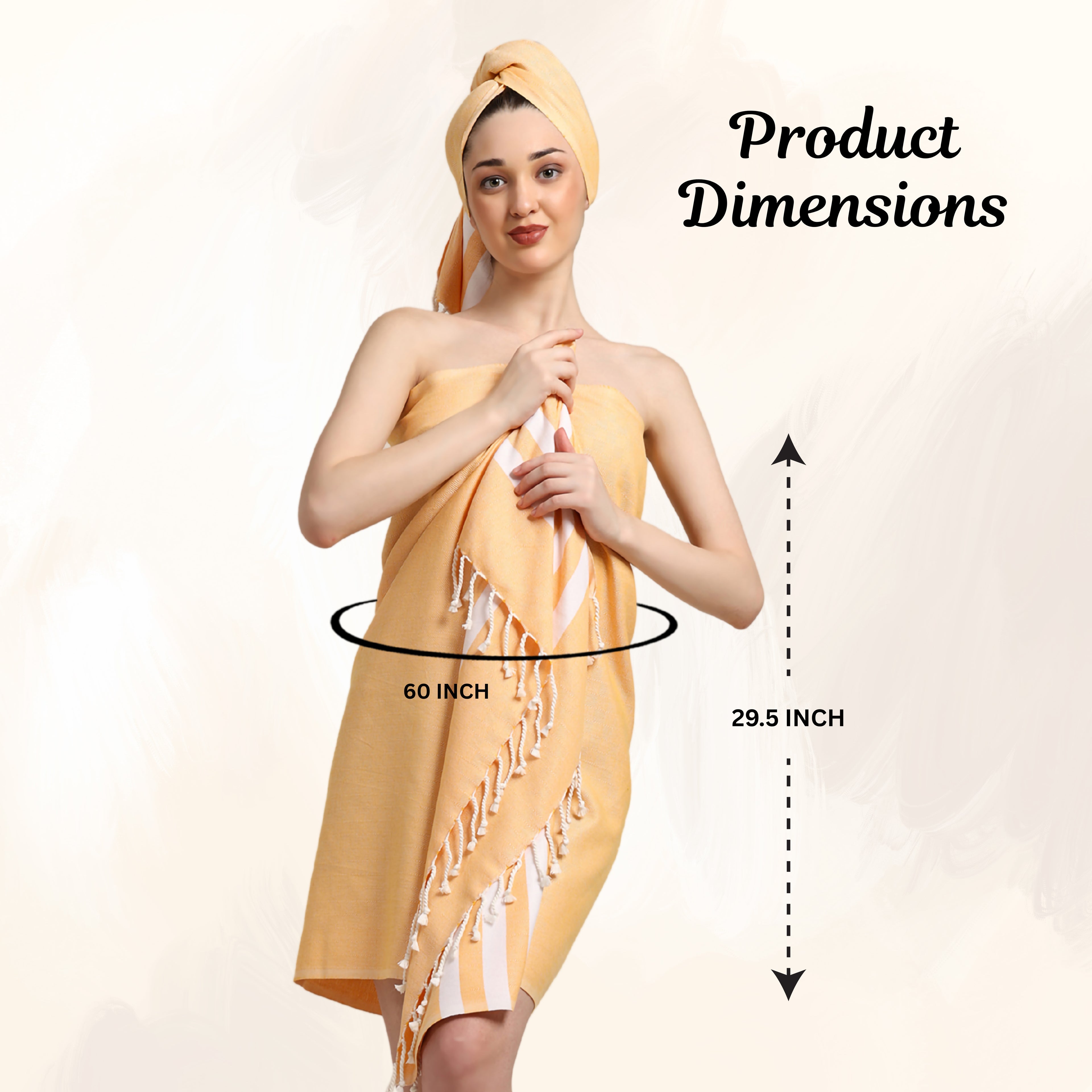 Woman wearing a Mustard bamboo towel with product dimensions (29.5x 60 inch)(PT-BMB-MST)
