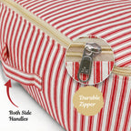Red and white striped saree organizer bag with durable zipper and both side handles. (NC-SRO-RED)