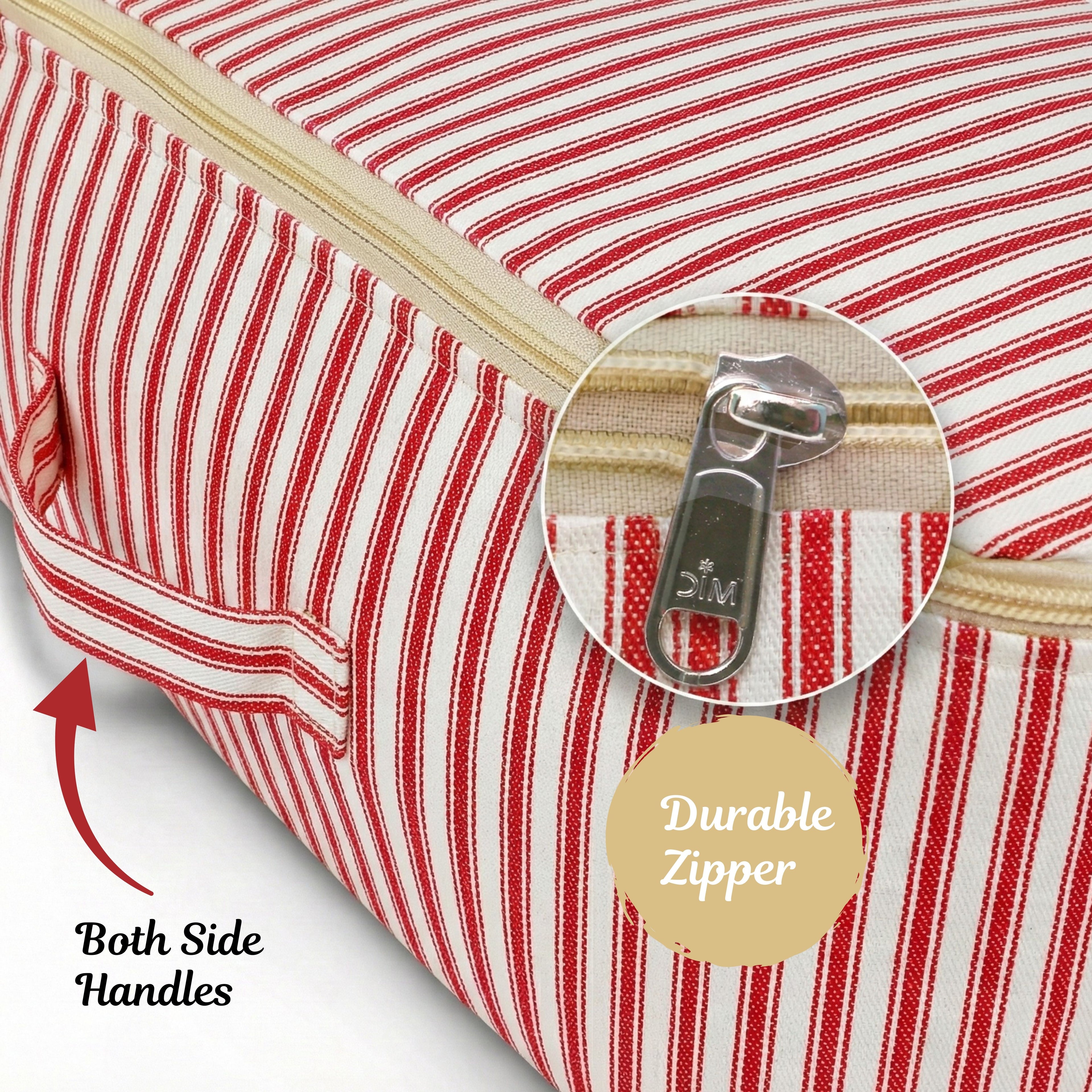 Red and white striped saree organizer bag with durable zipper and both side handles. (NC-SRO-RED)