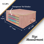 Red striped saree organizer with a transparent net window, showing measurements on a blue and white background. (NC-SRO-RED)