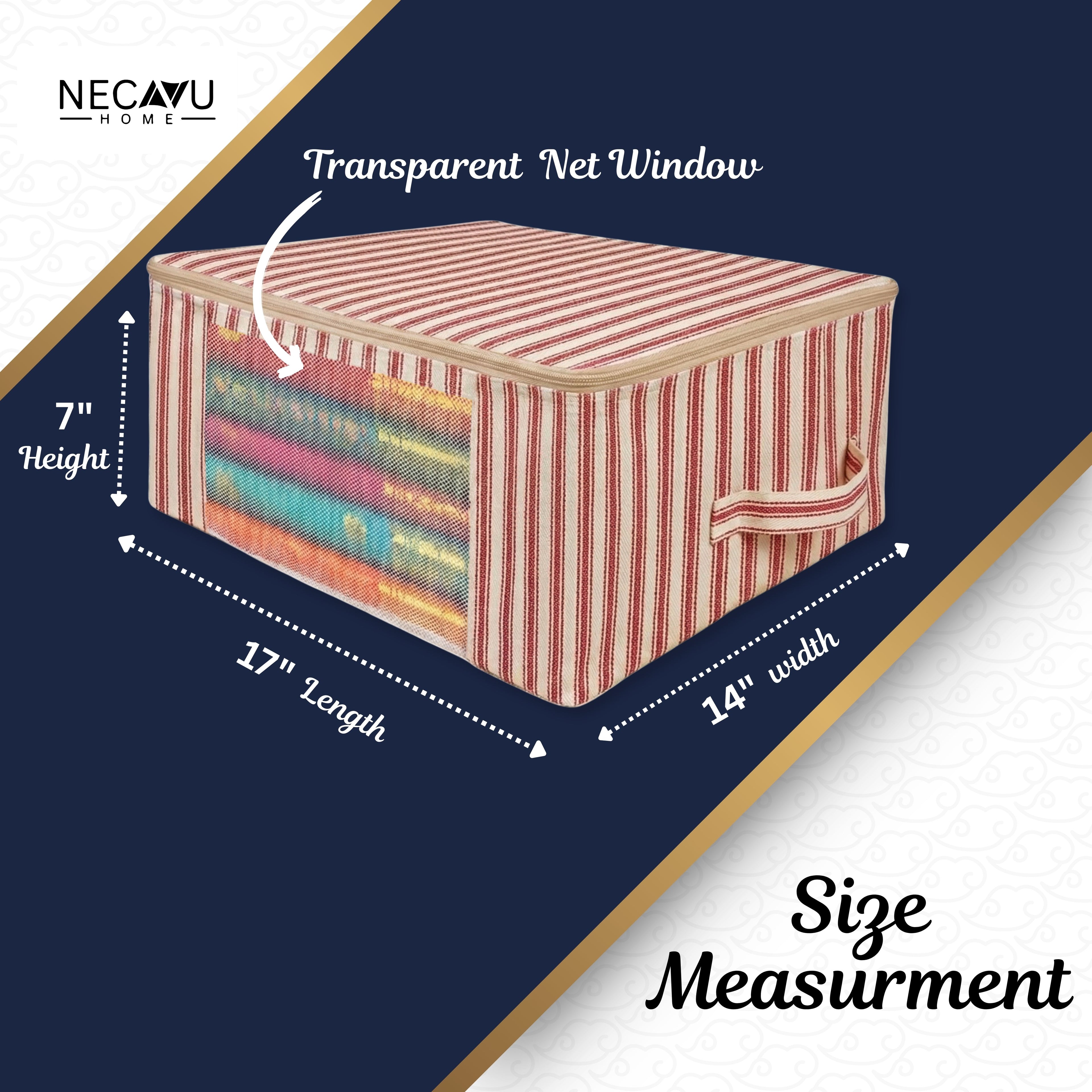 Red striped saree organizer with a transparent net window, showing measurements on a blue and white background. (NC-SRO-RED)