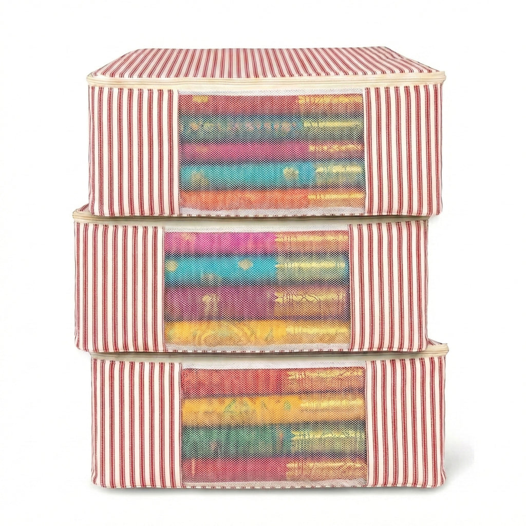 Set of three Red striped Saree organizer bags with colorful sarees neatly arranged (NC-SRO-RED)