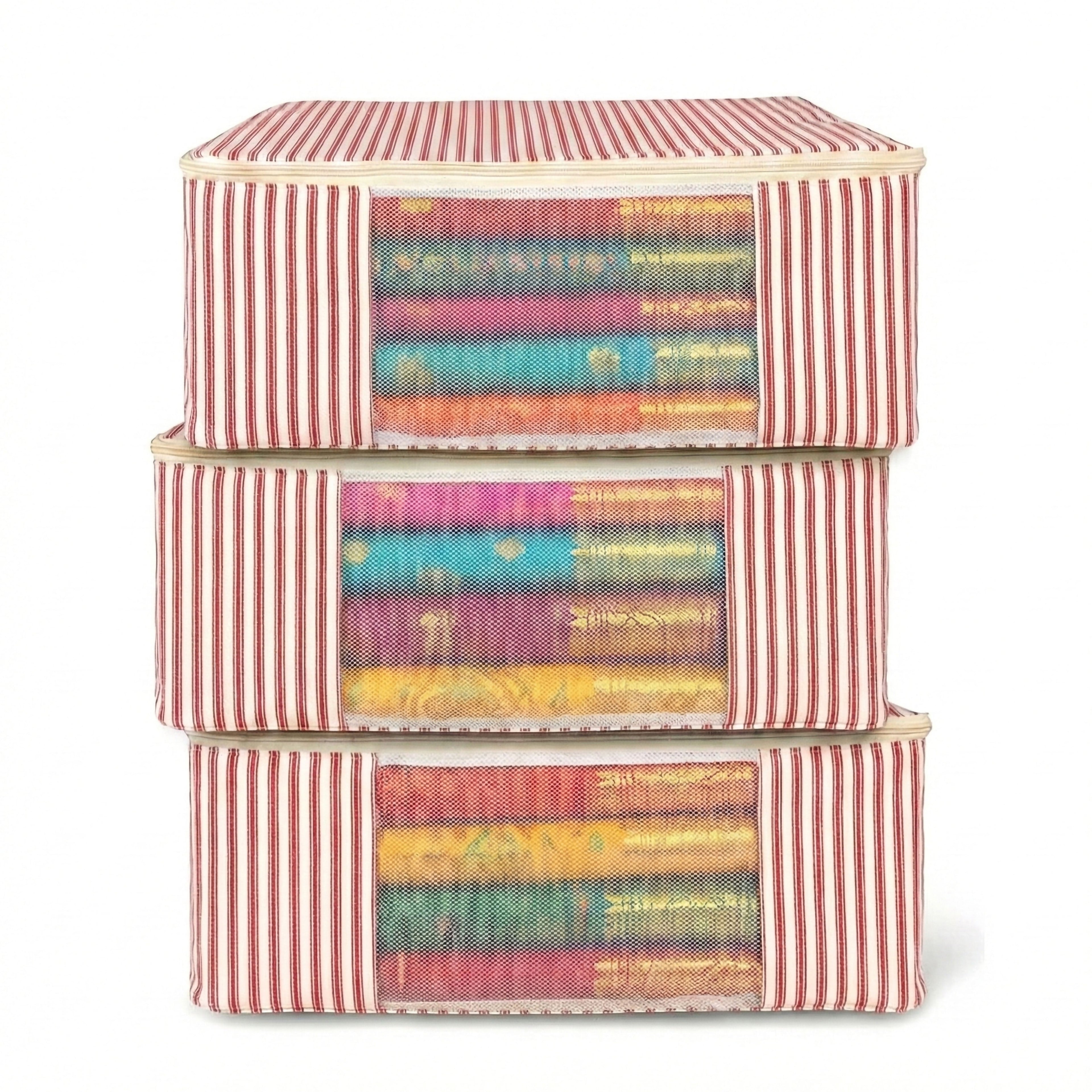 Set of three Red striped Saree organizer bags with colorful sarees neatly arranged (NC-SRO-RED)