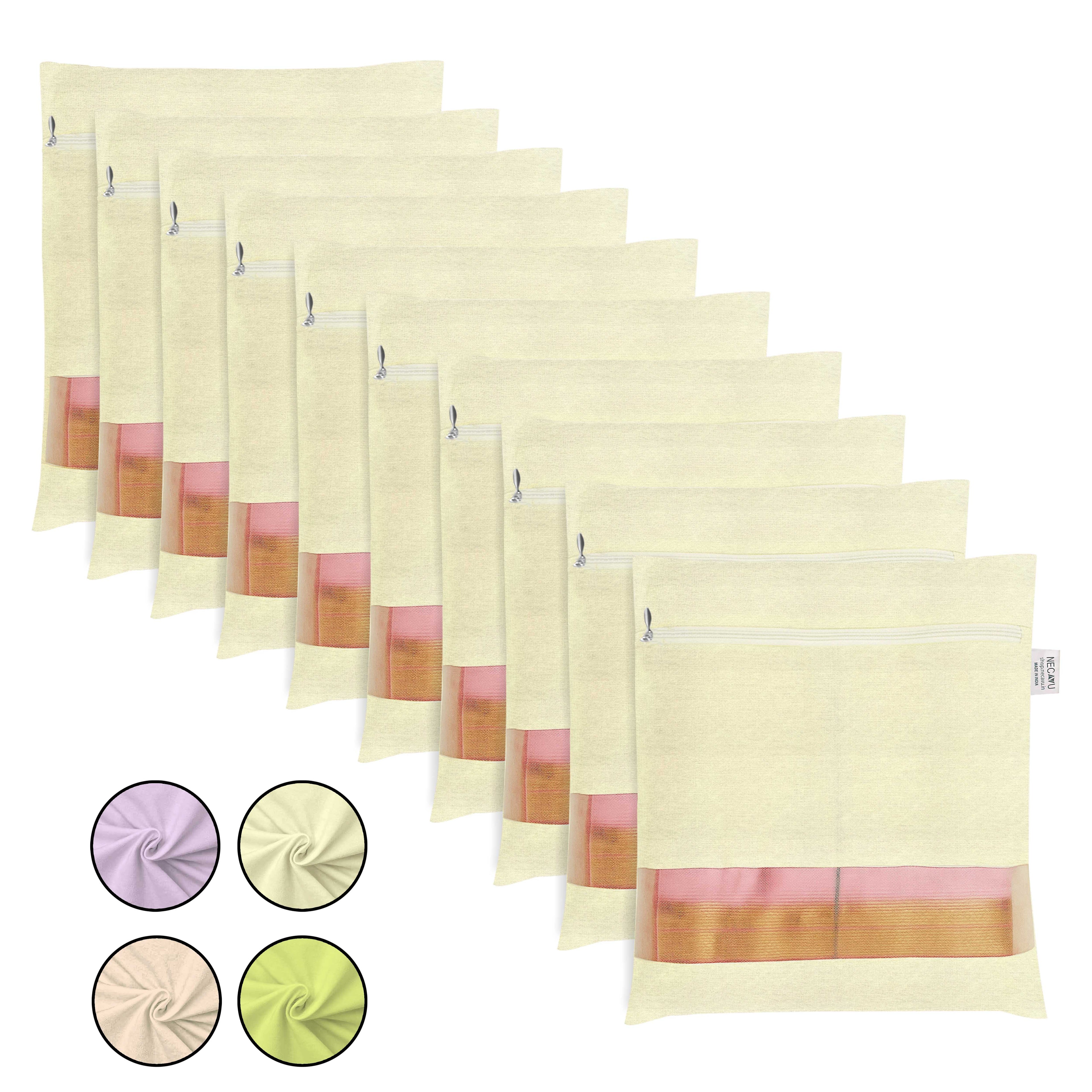 Set of cream saree storage bags with a transparent mesh on a white background (NC-SRZ-OWT)