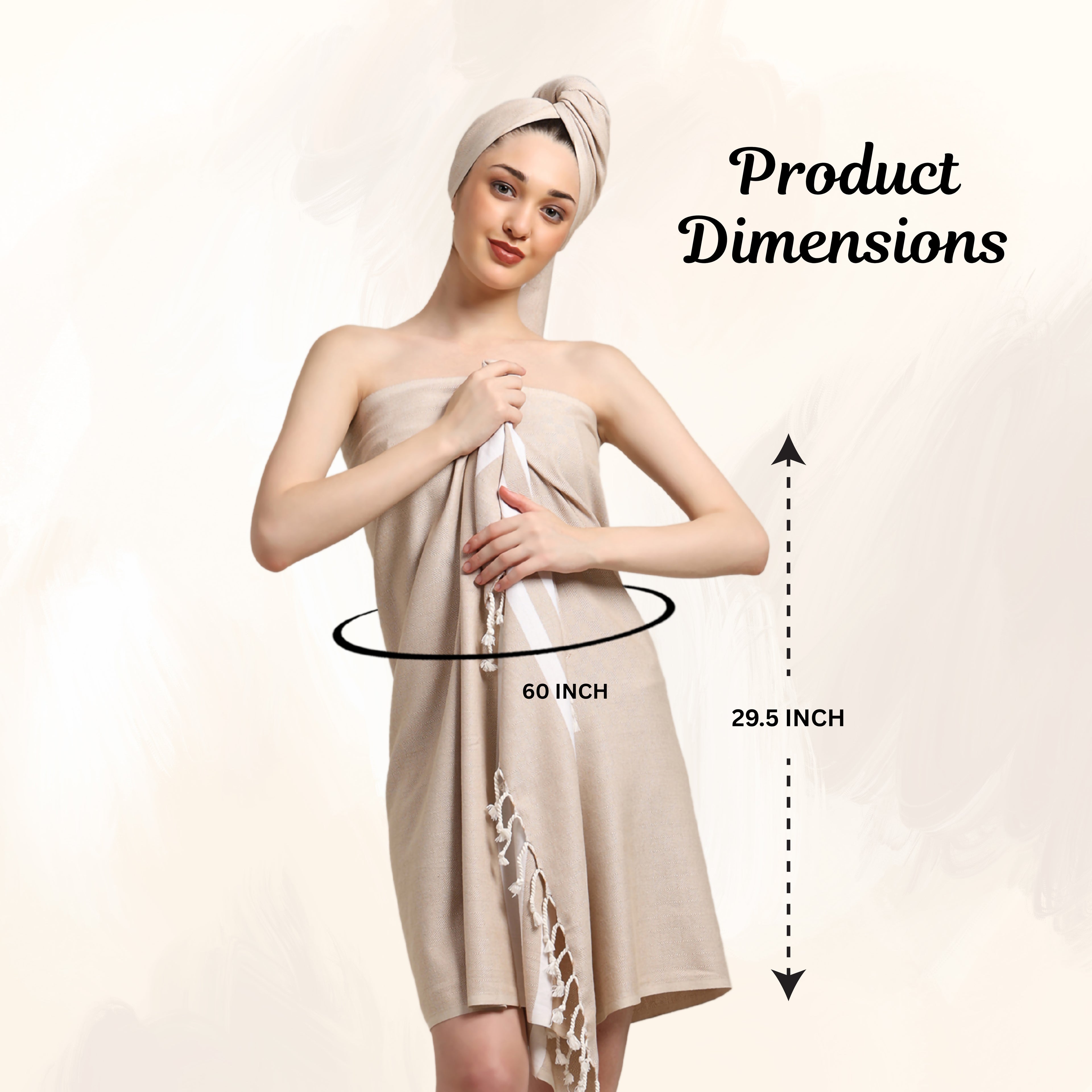 Woman wearing a beige towel with product dimensions displayed(29.5x60 inch) (PT-BMB-TPE)