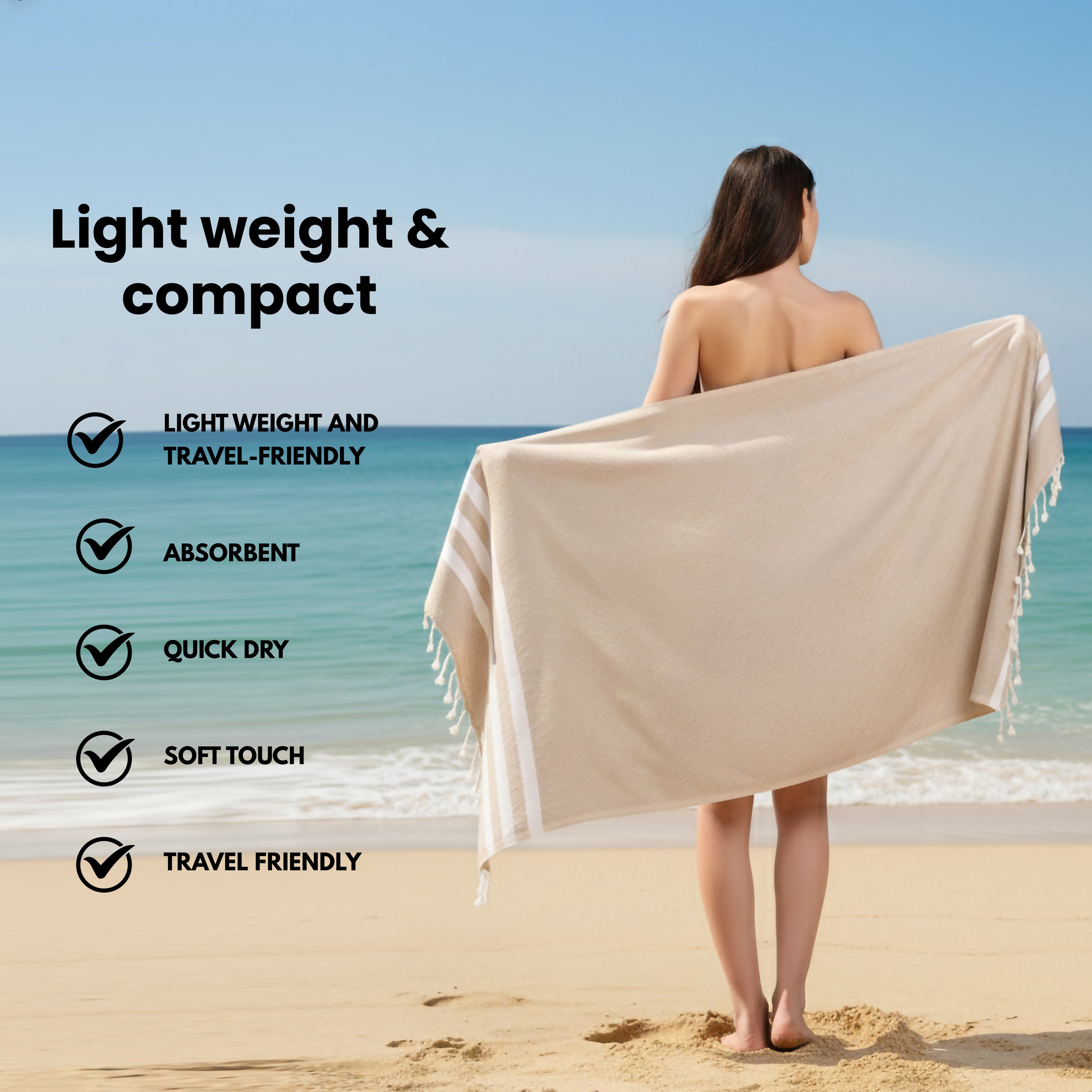 Woman holding a Tapue bamboo towel on a beach with text highlighting towel features. (PT-BMB-TPE)