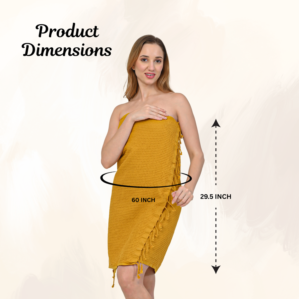 Woman Wrapping a mustard yellow towel with product dimensions(29.5x60inch) (PT-WFL-YLW)